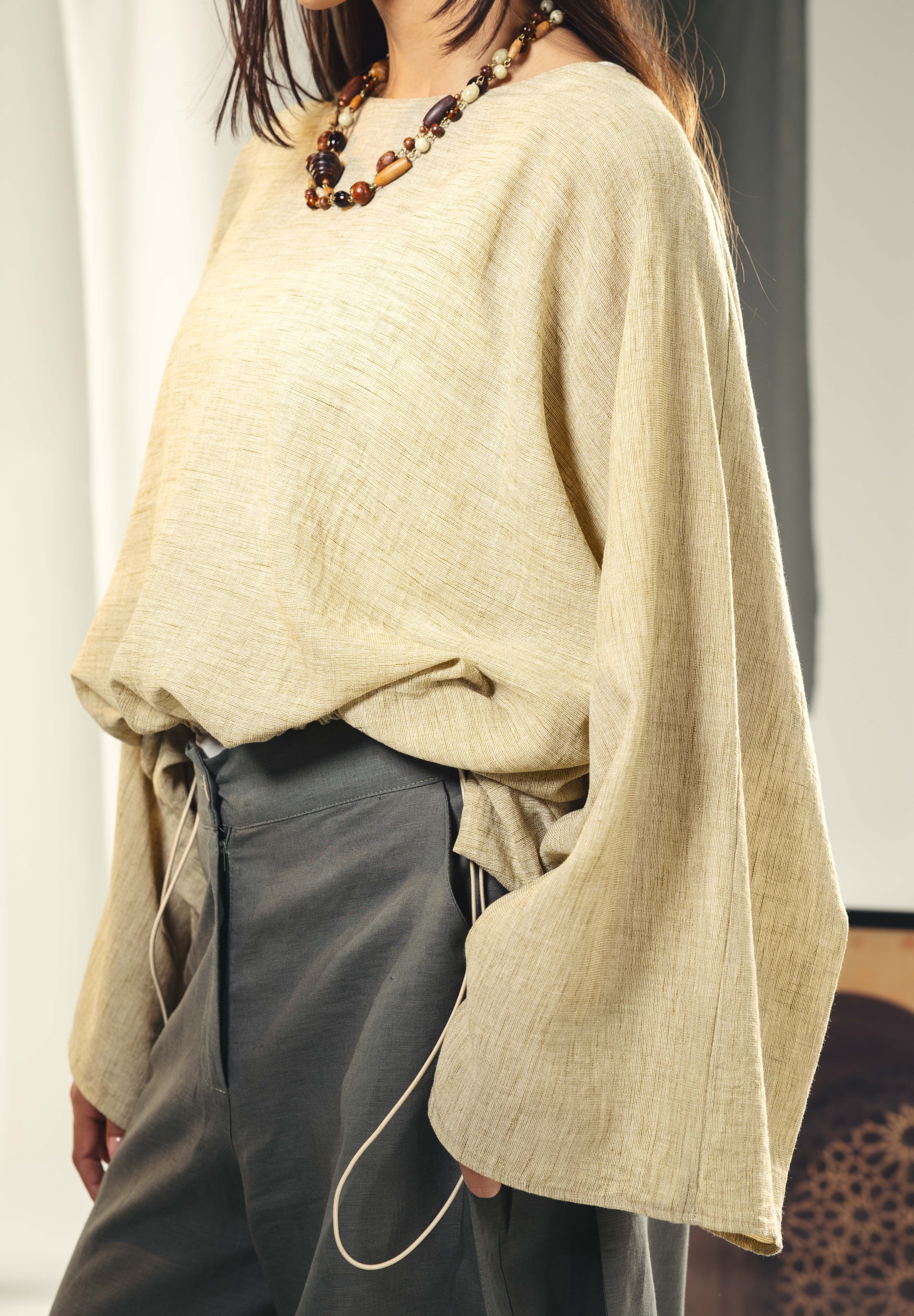 Adjustable Drawstring Hem Blouse desert yellow
