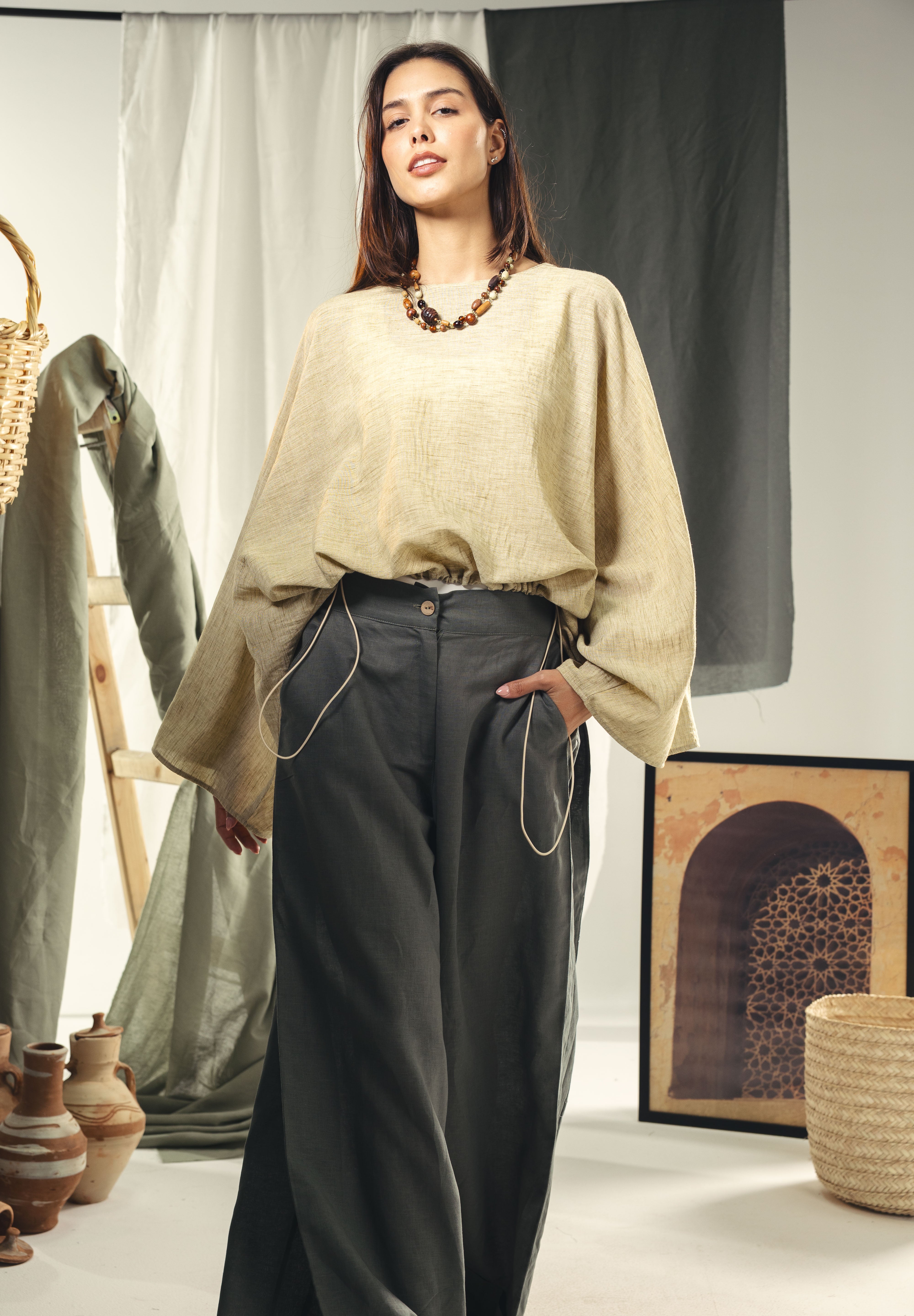 Adjustable Drawstring Hem Blouse desert yellow