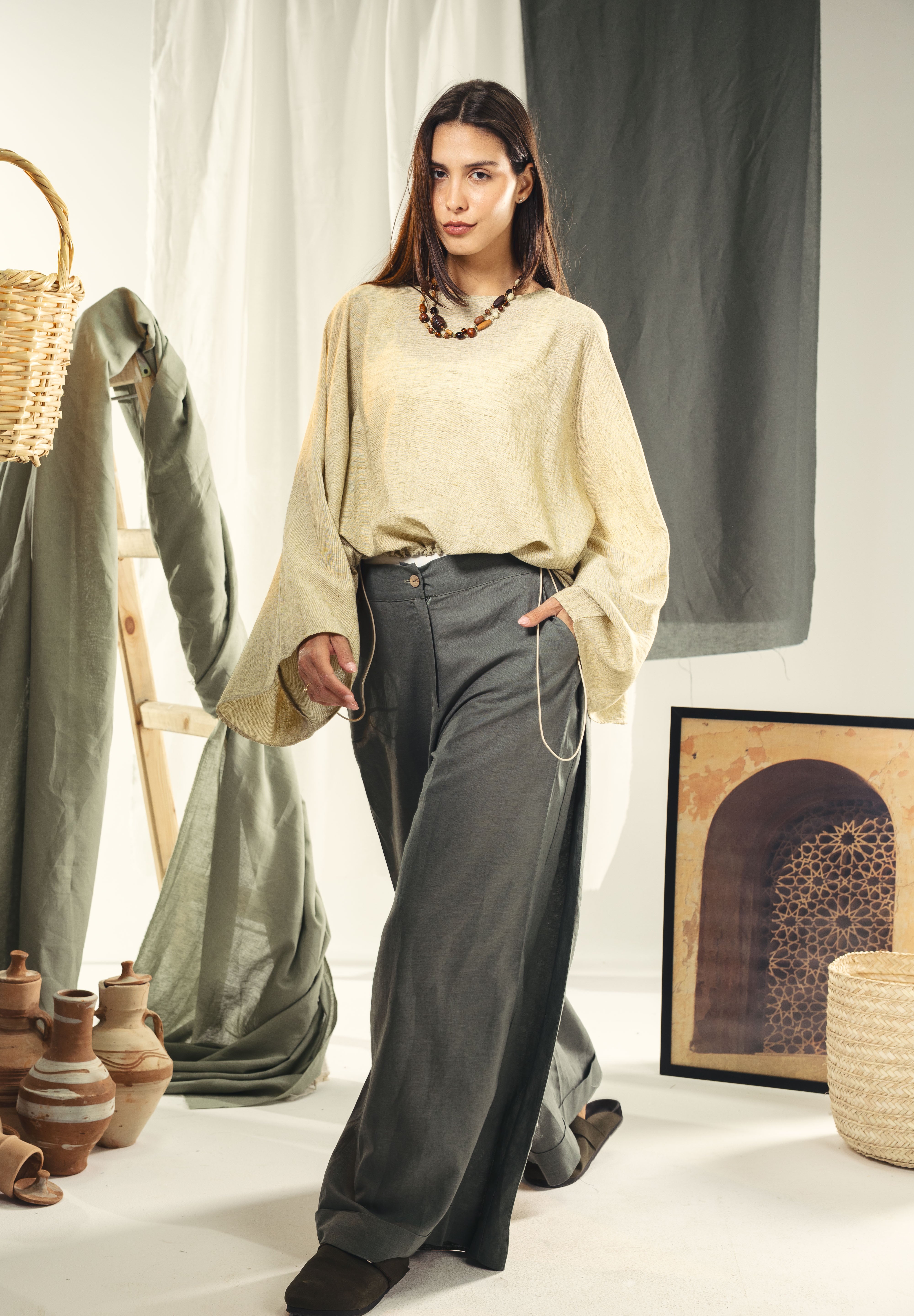 Adjustable Drawstring Hem Blouse desert yellow