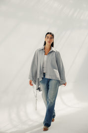 oversized striped shirt with back straw string Grey & White