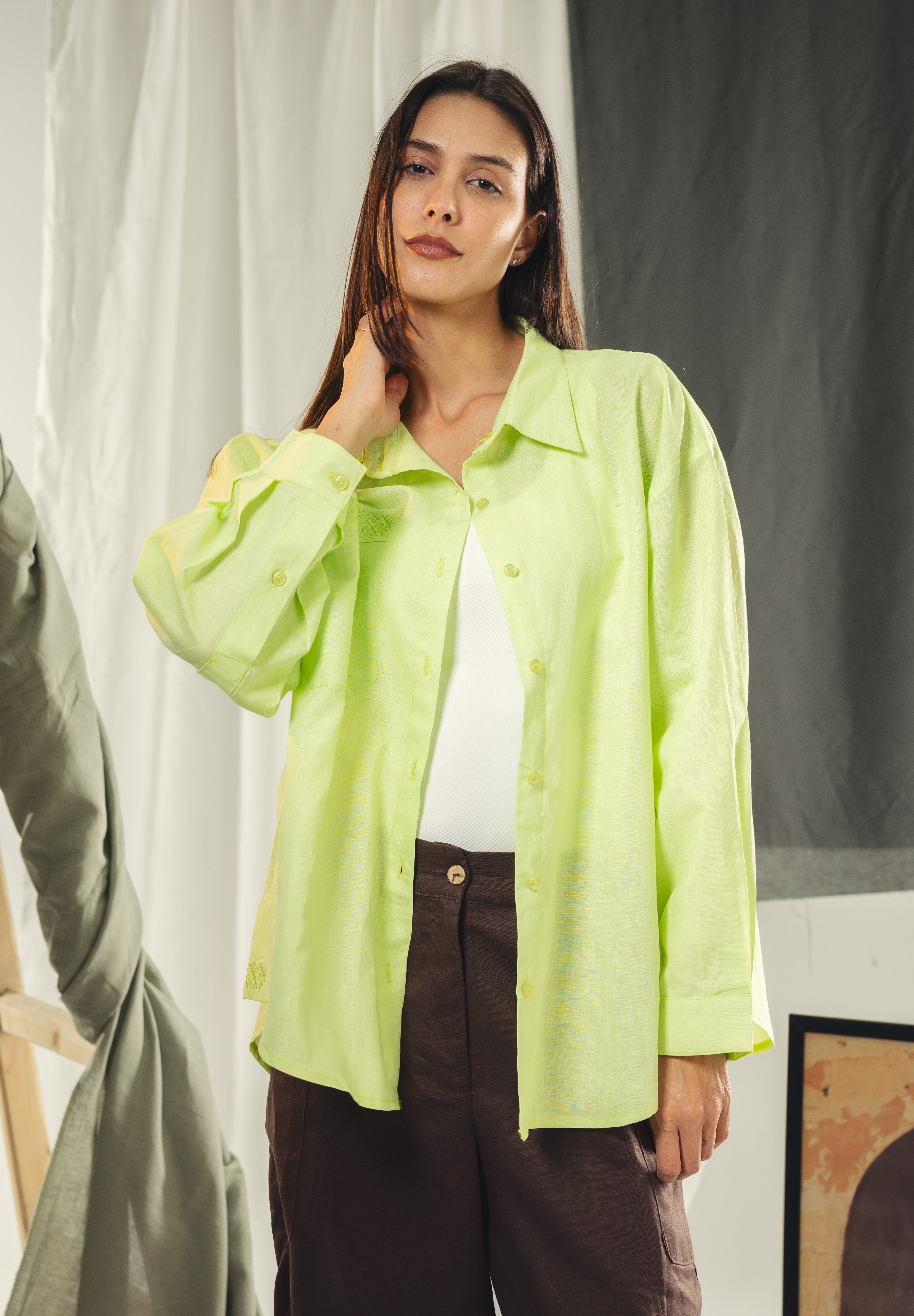 Oversized embroidered shirt neon green
