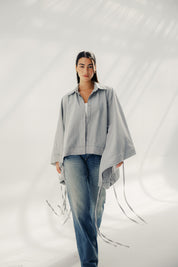 oversized striped shirt with back straw string Grey & White