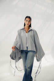 oversized striped shirt with back straw string Grey & White