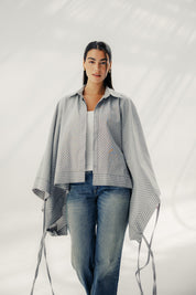 oversized striped shirt with back straw string Grey & White