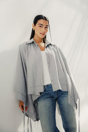 oversized striped shirt with back straw string Grey & White