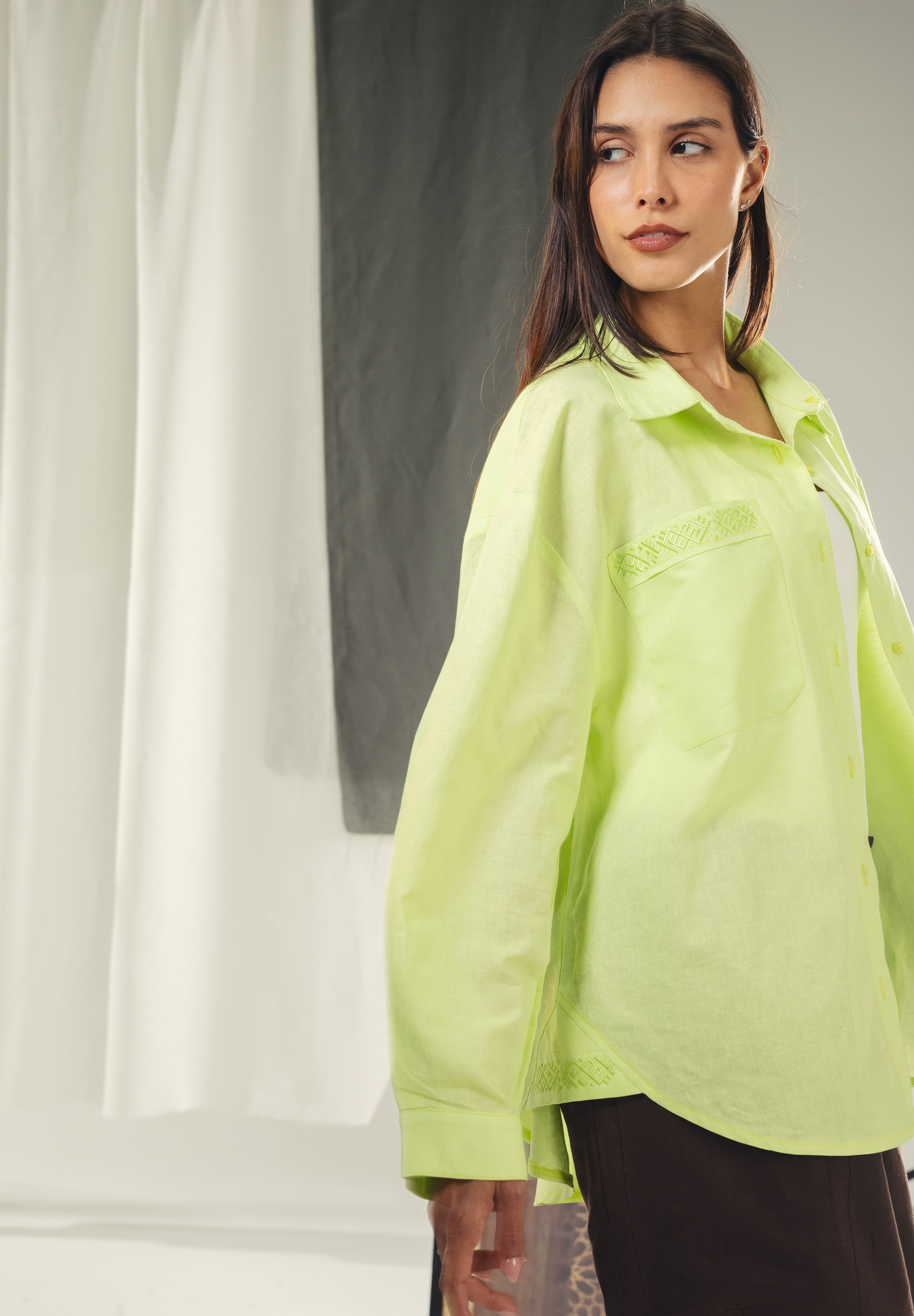 Oversized embroidered shirt neon green