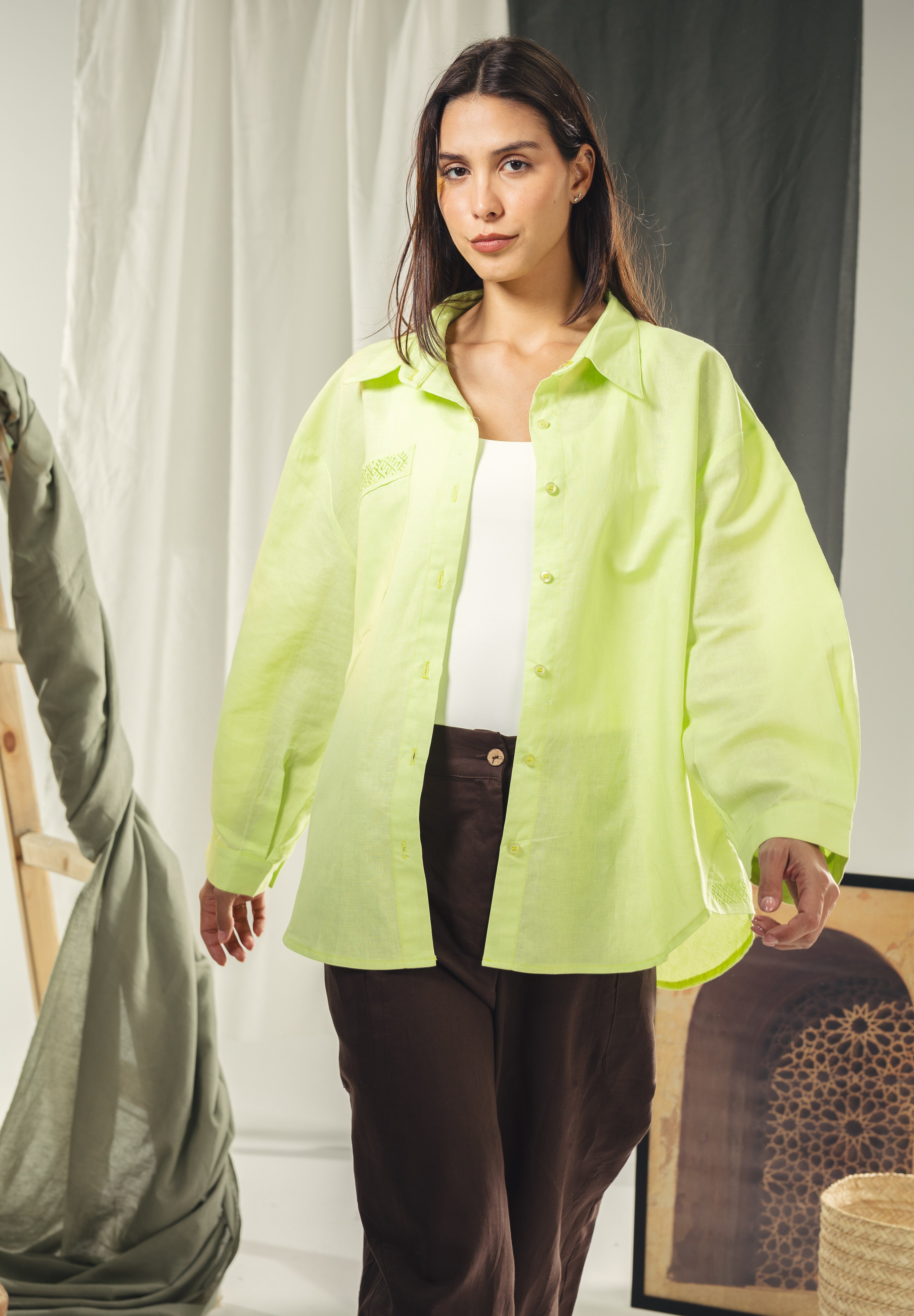 Oversized embroidered shirt neon green