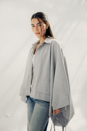 oversized striped shirt with back straw string Grey & White