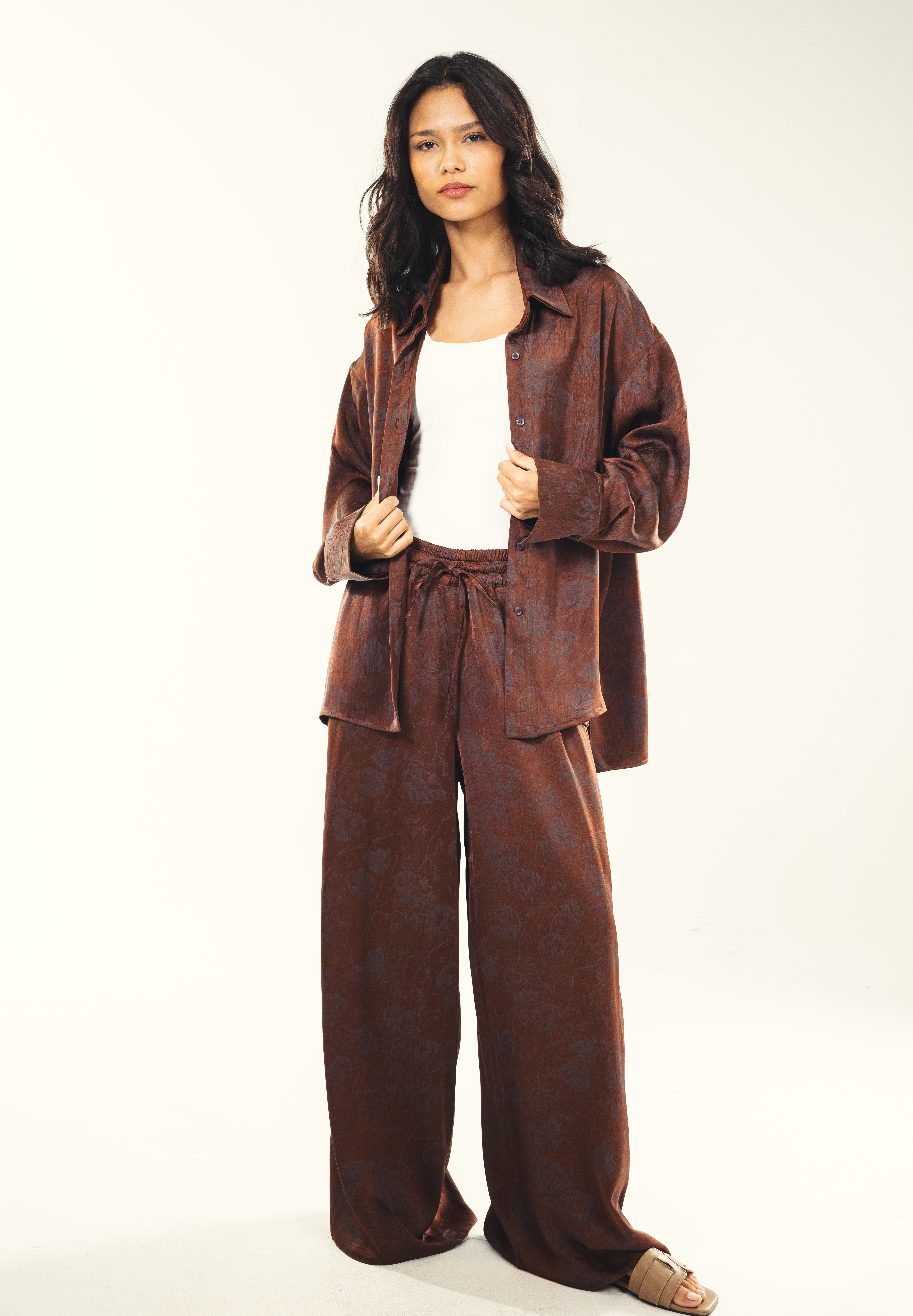 Printed satin shirt Brown