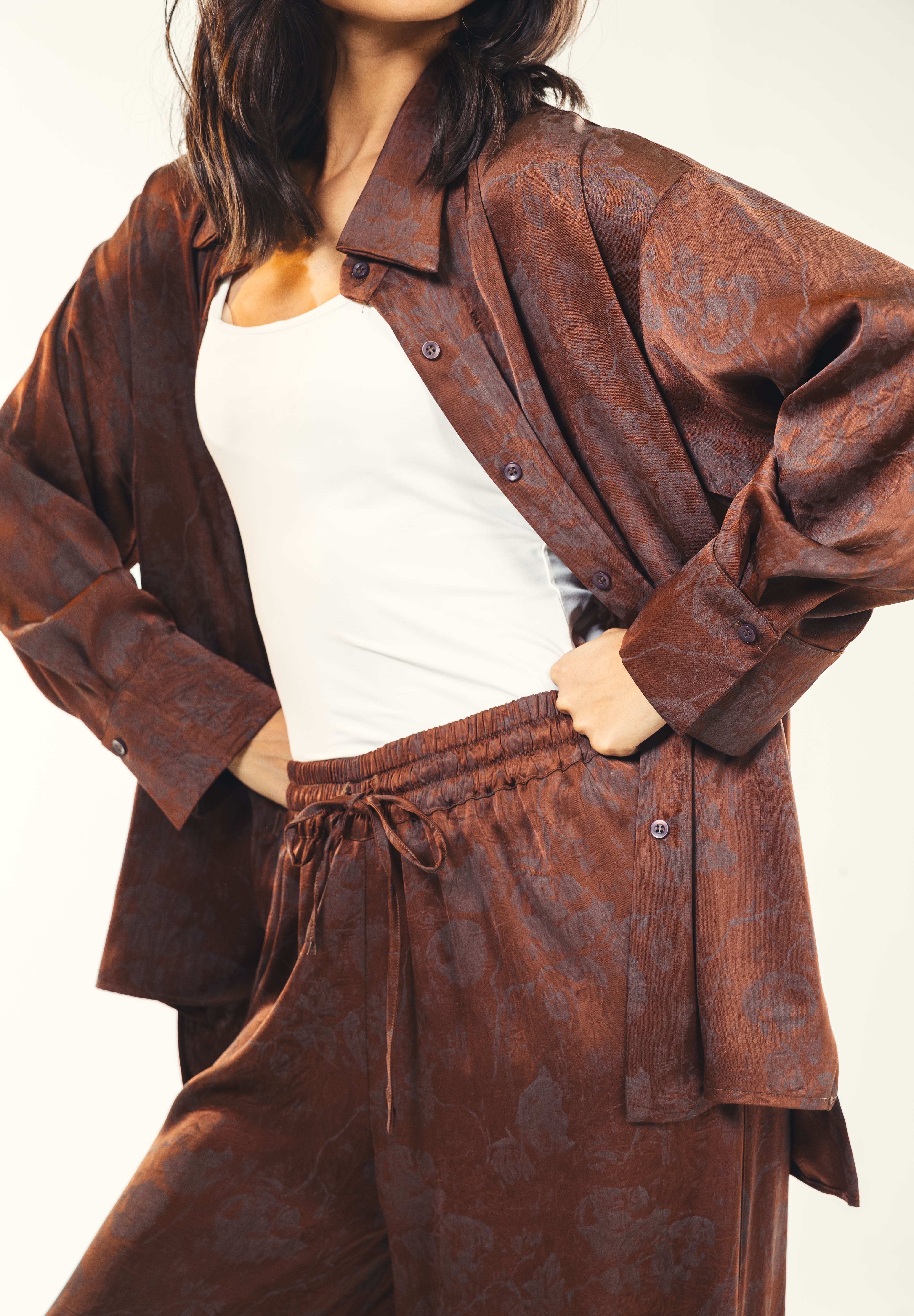 Printed satin shirt Brown