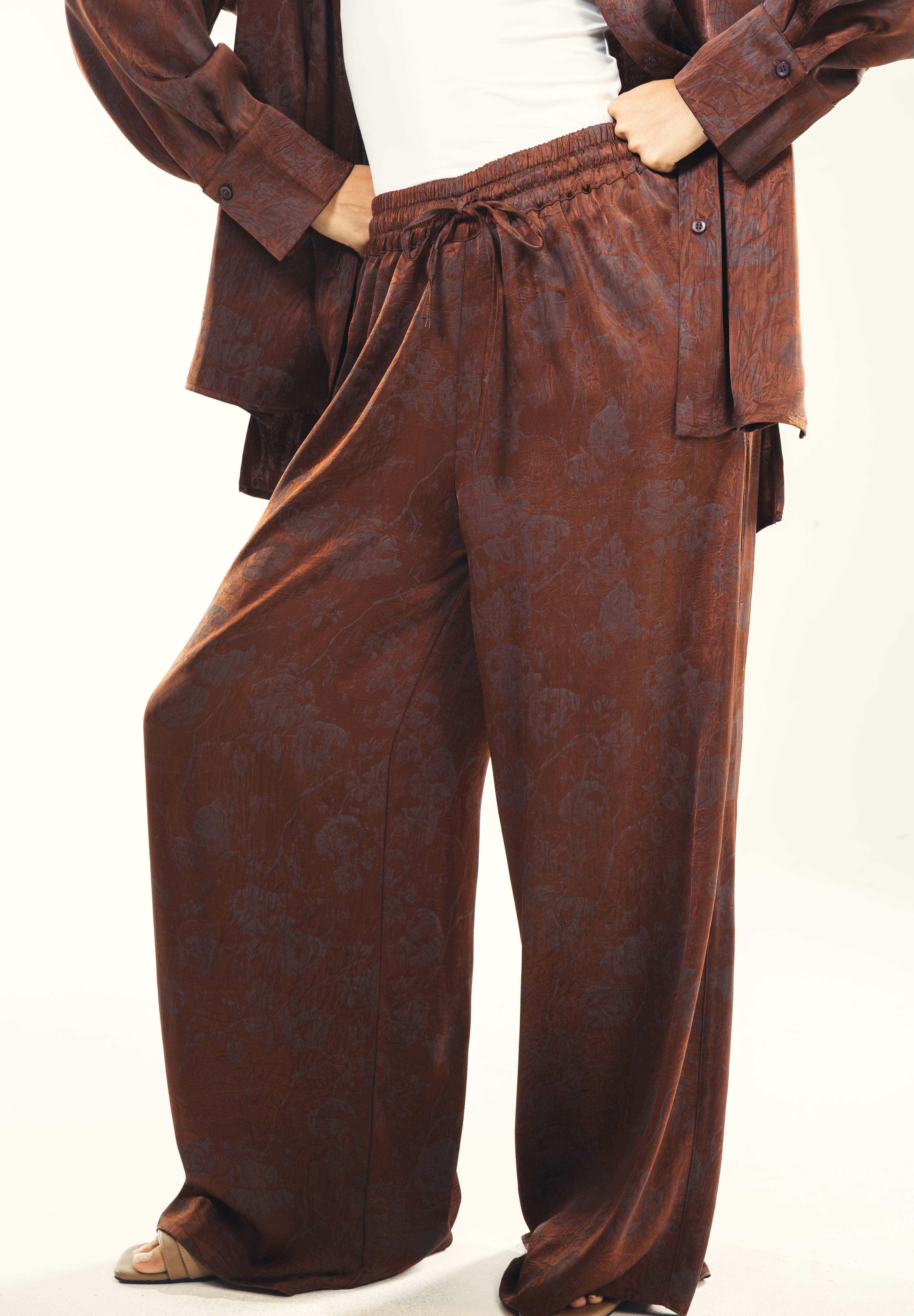 Printed satin wide leg pants Brown