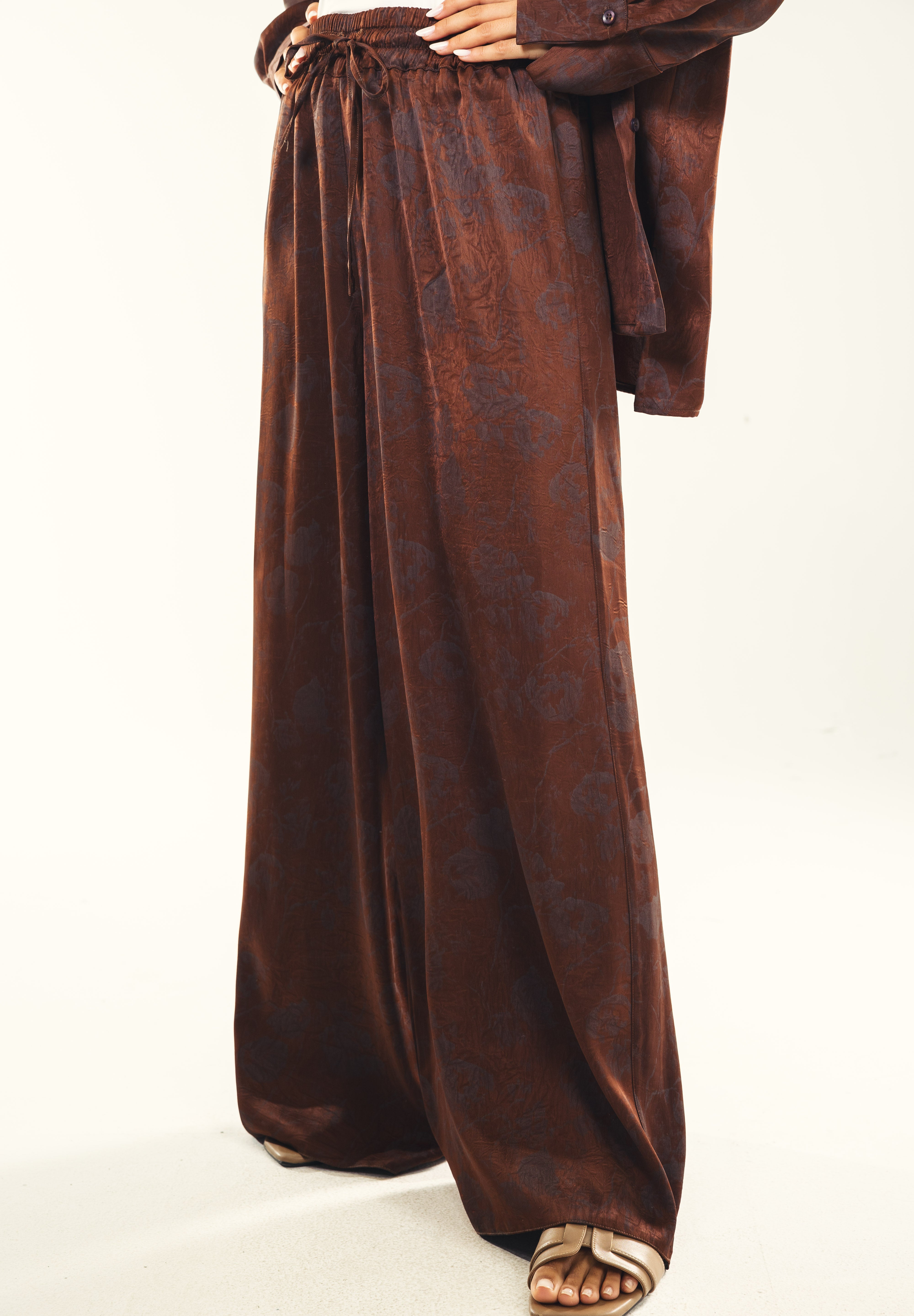 Printed satin wide leg pants Brown