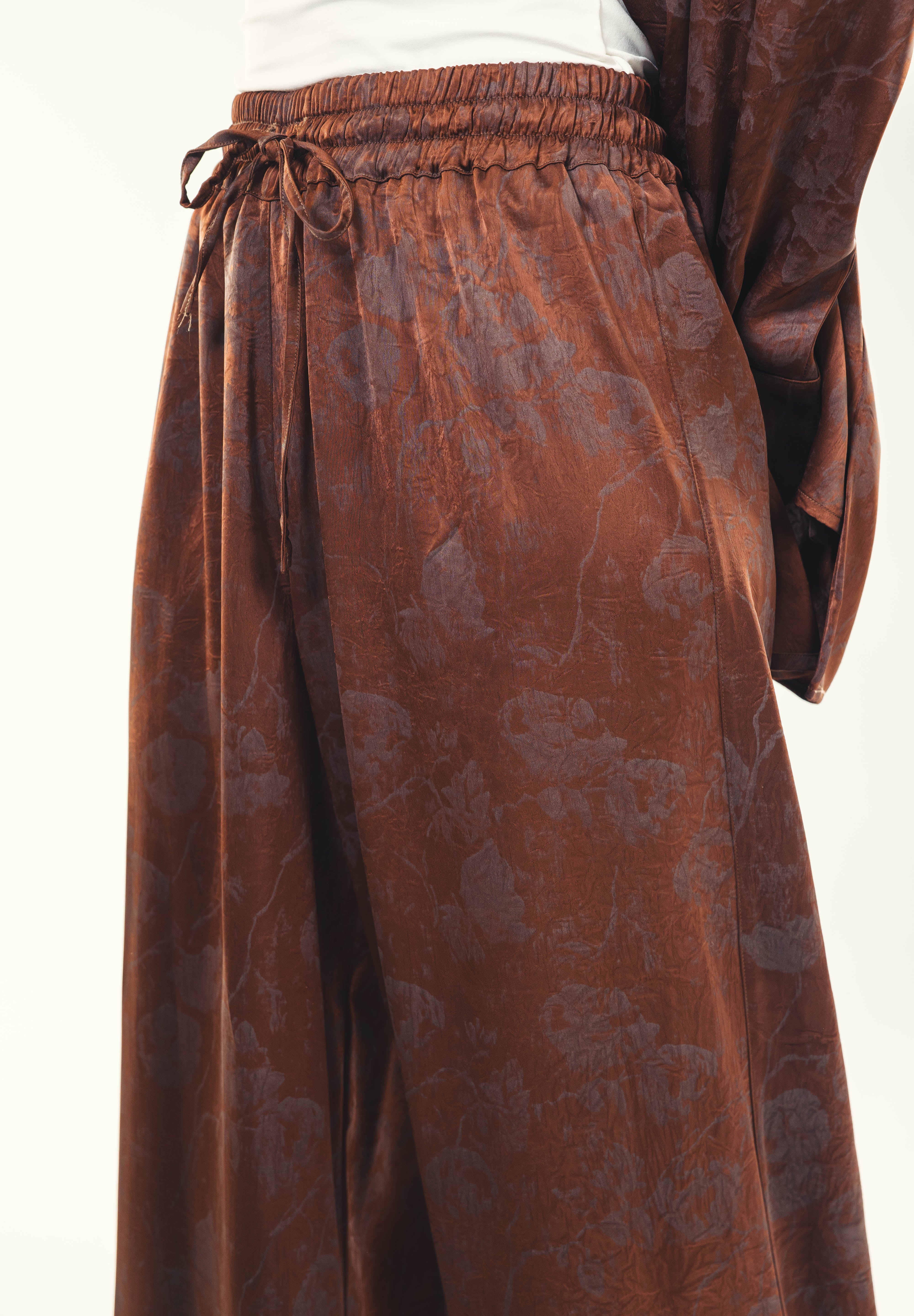 Printed satin wide leg pants Brown