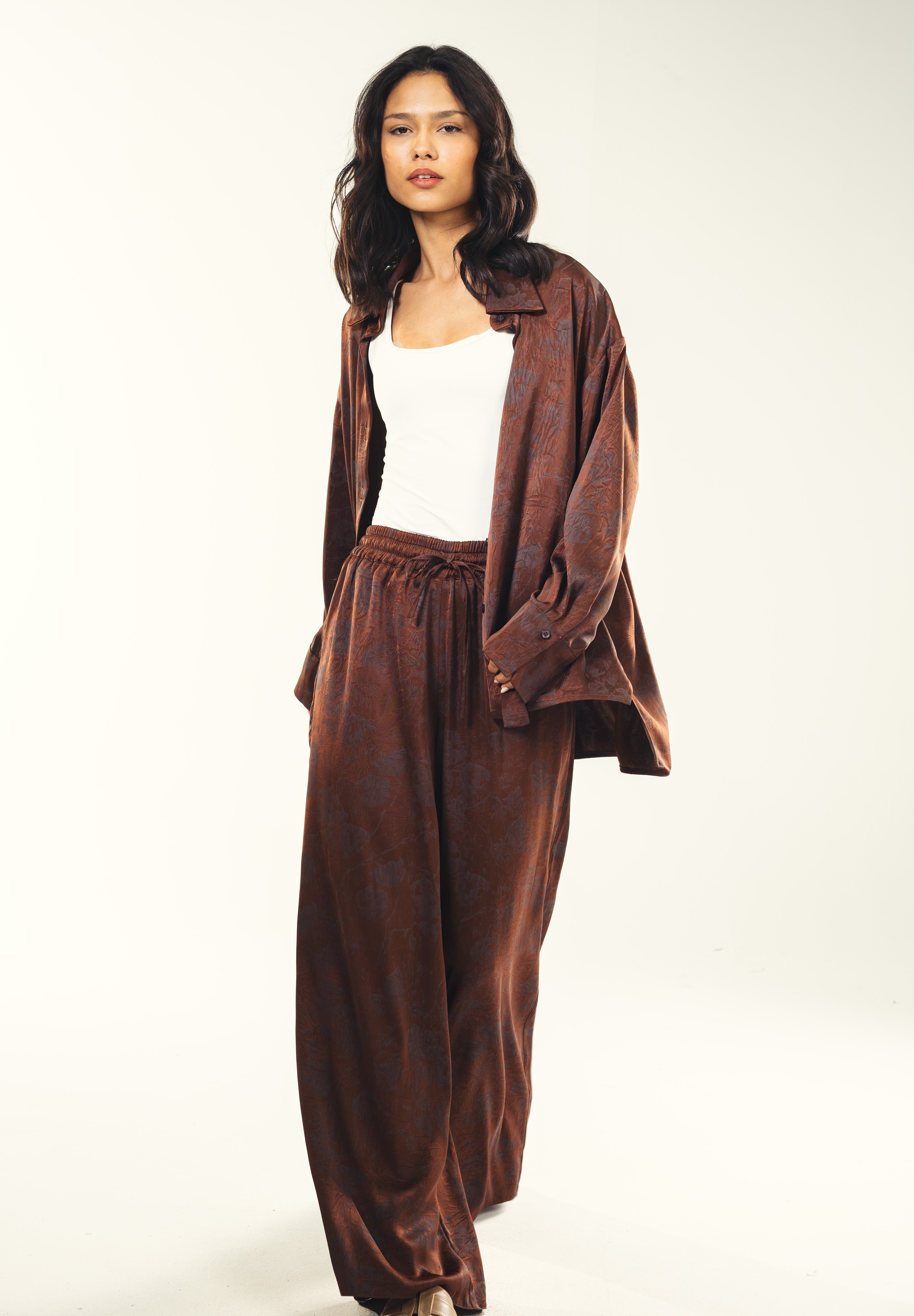 Printed satin shirt Brown