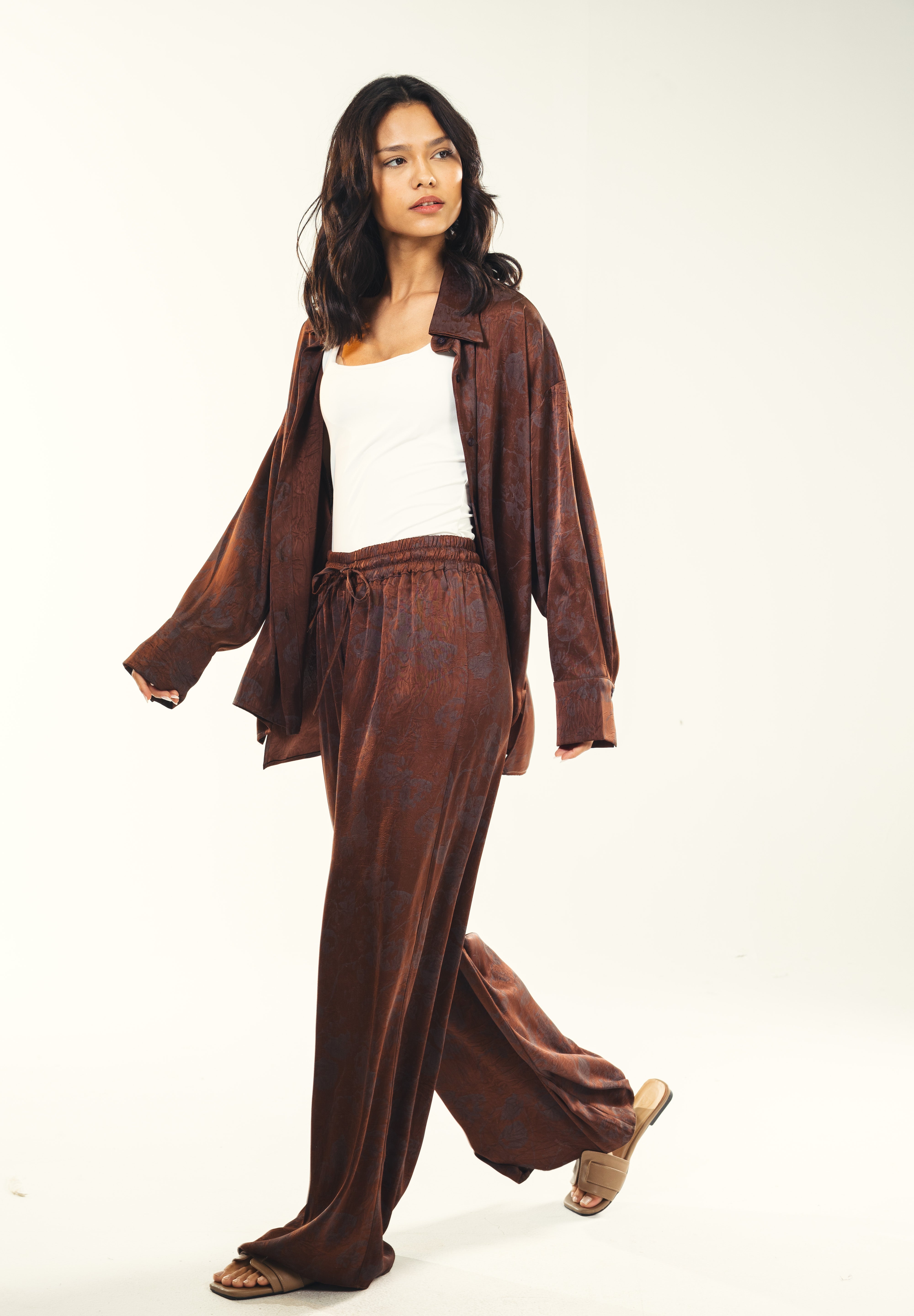 Printed satin shirt Brown