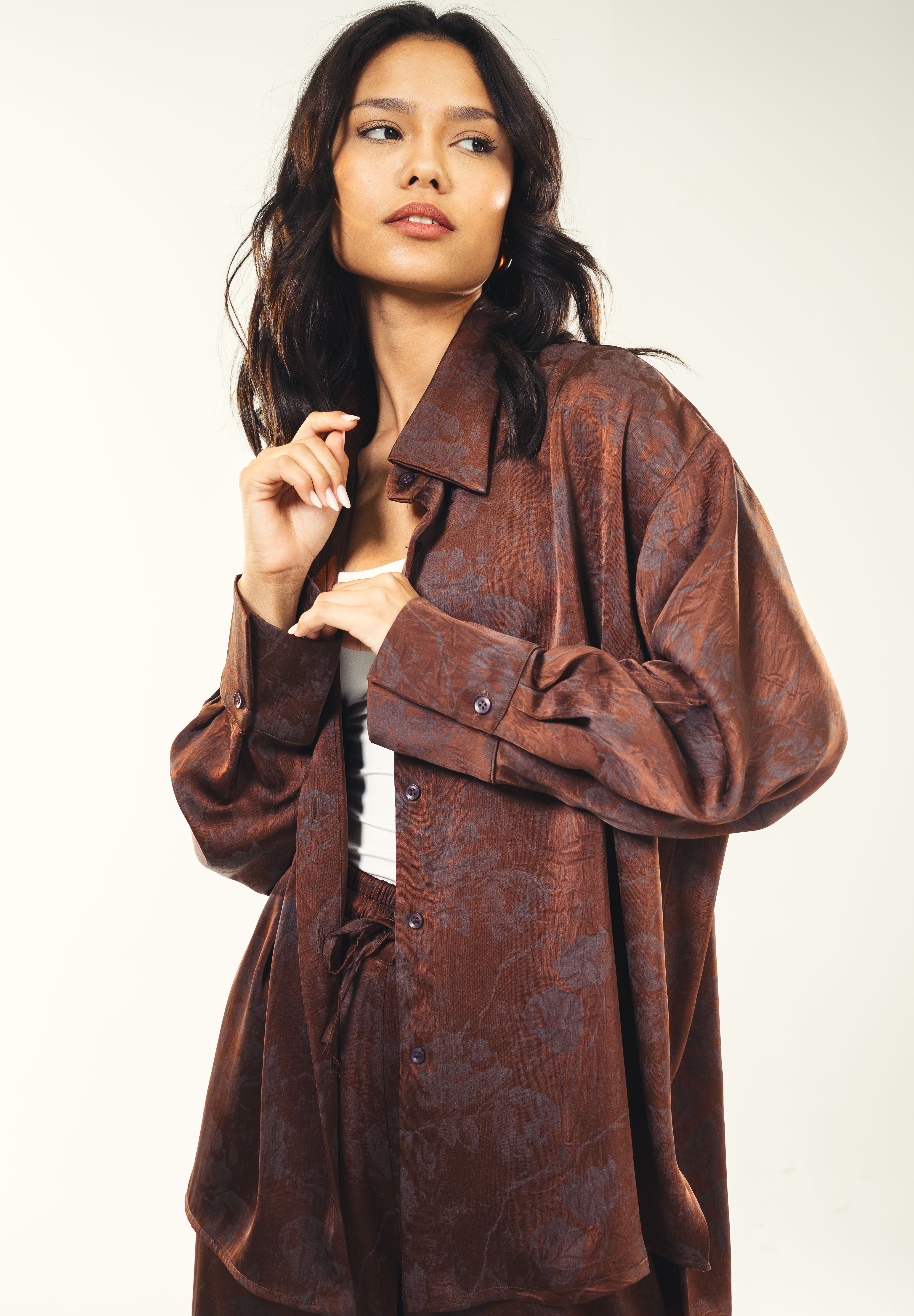 Printed satin shirt Brown