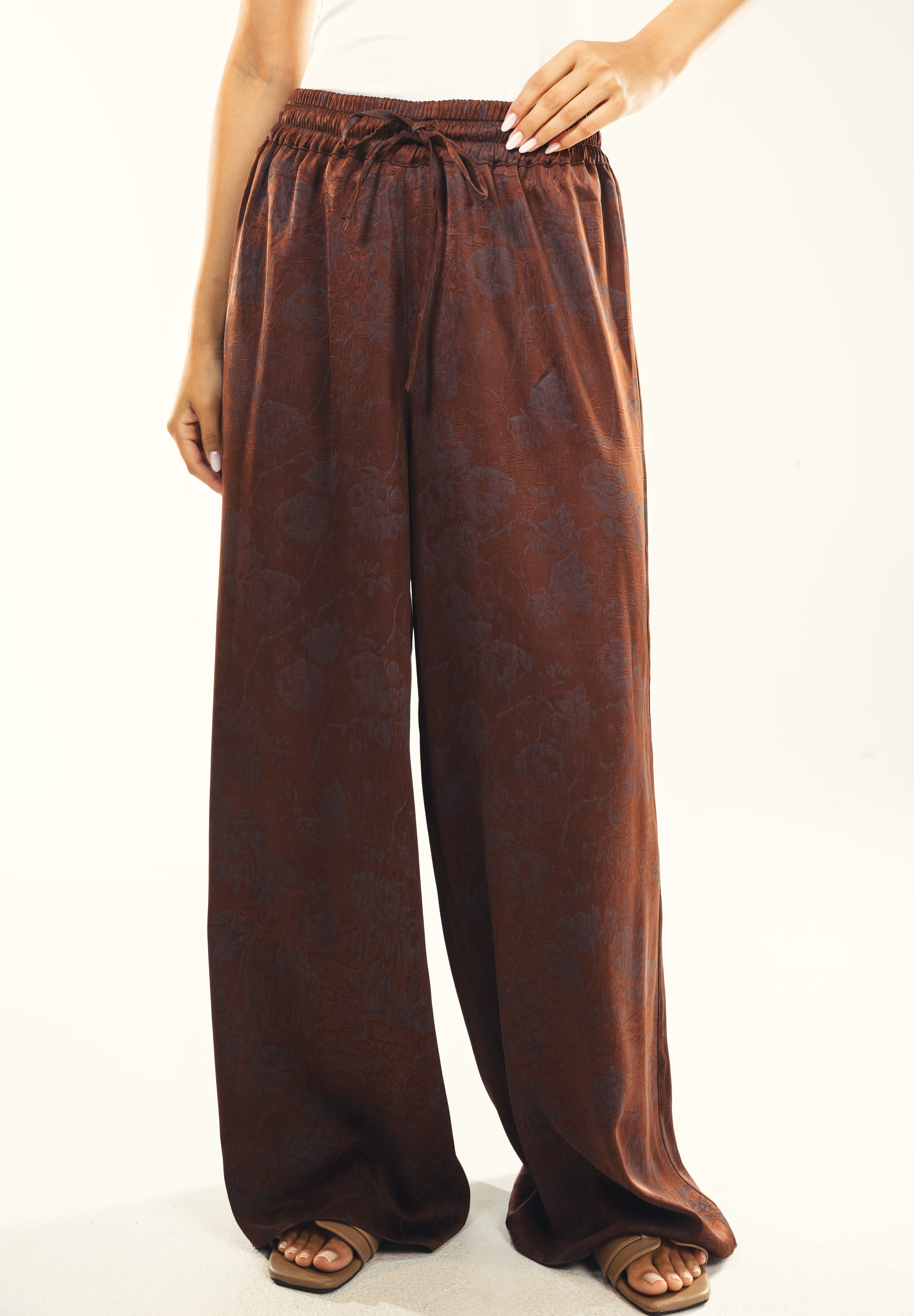 Printed satin wide leg pants Brown