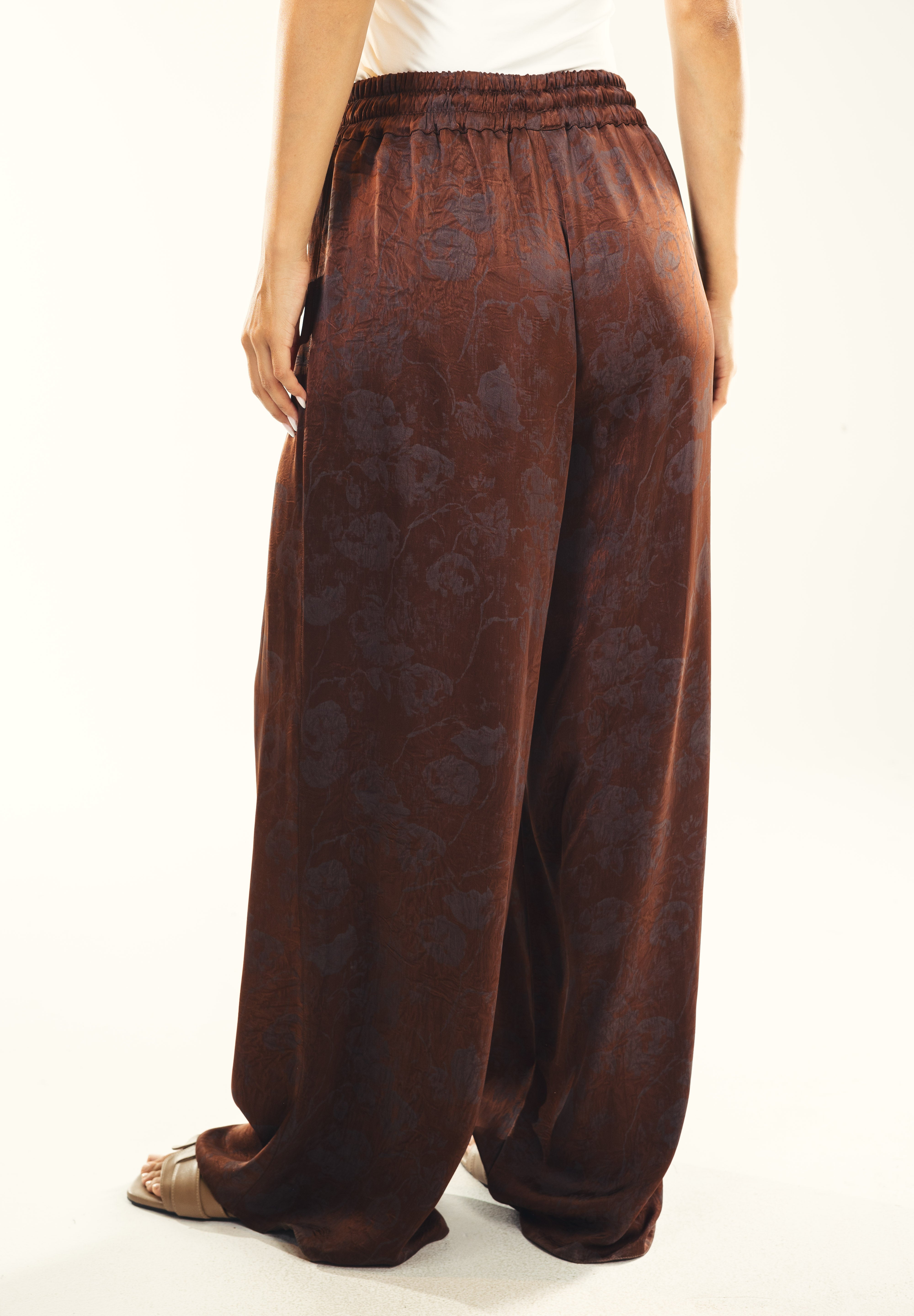 Printed satin wide leg pants Brown