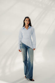 Asymmetric Ruched Button-Up Shirt Baby blue
