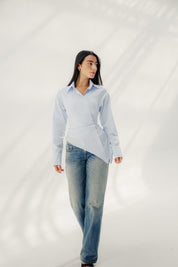 Asymmetric Ruched Button-Up Shirt Baby blue