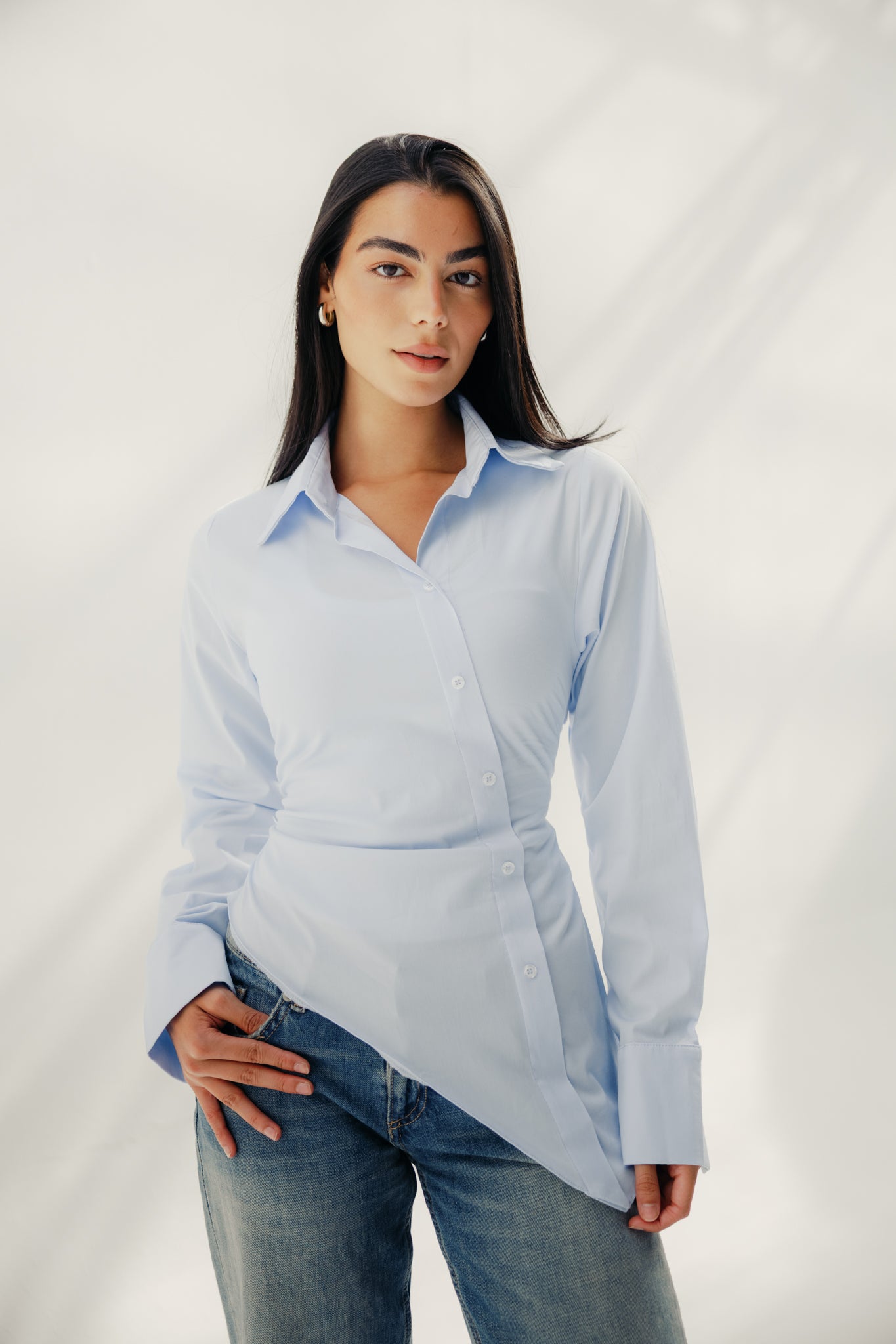 Asymmetric Ruched Button-Up Shirt Baby blue