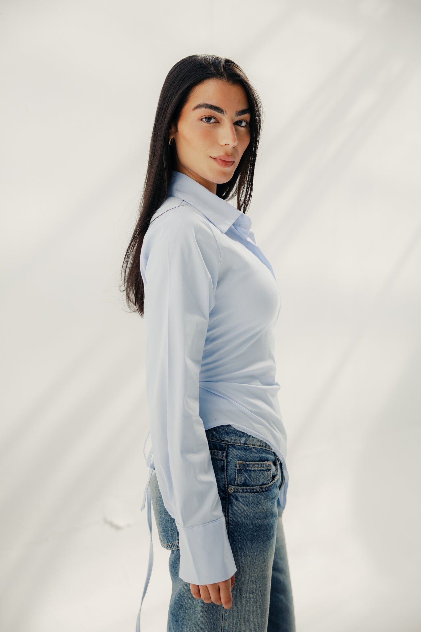 Asymmetric Ruched Button-Up Shirt Baby blue