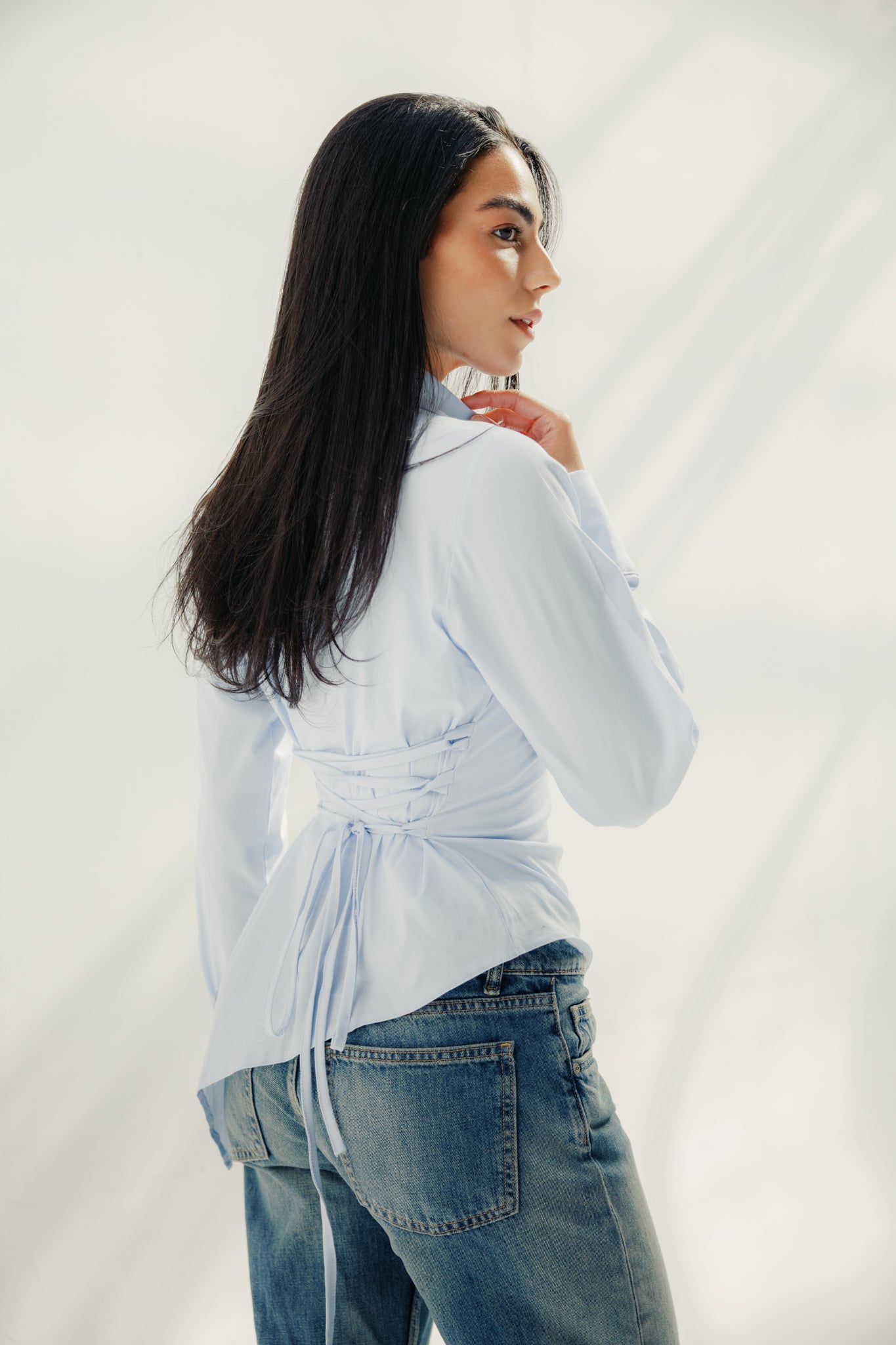 Asymmetric Ruched Button-Up Shirt Baby blue