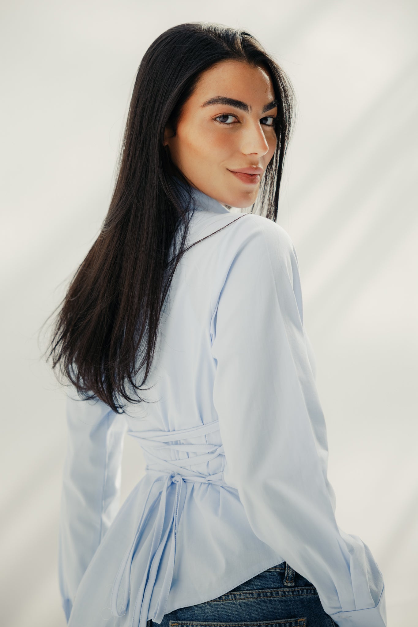 Asymmetric Ruched Button-Up Shirt Baby blue