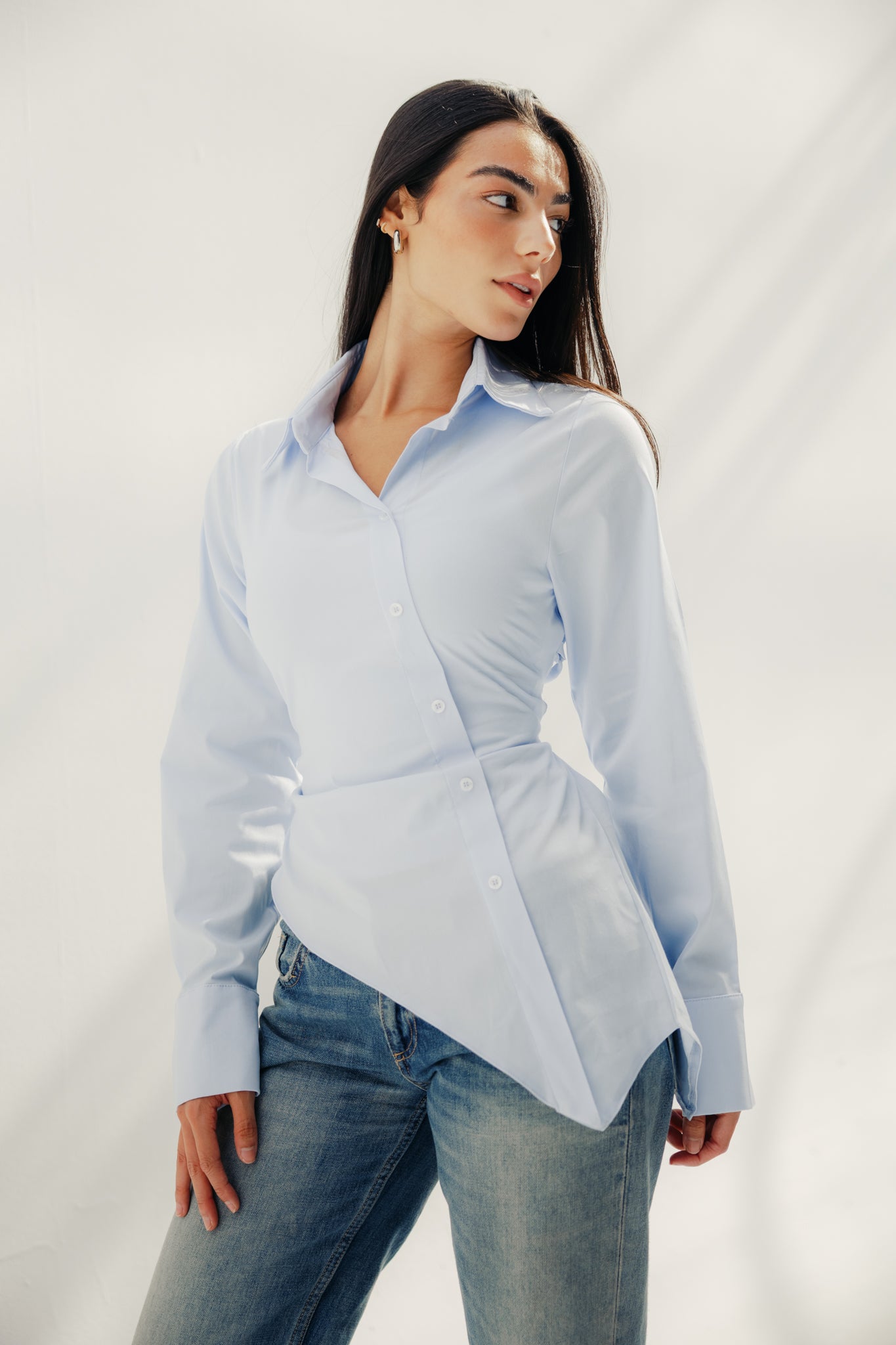 Asymmetric Ruched Button-Up Shirt Baby blue