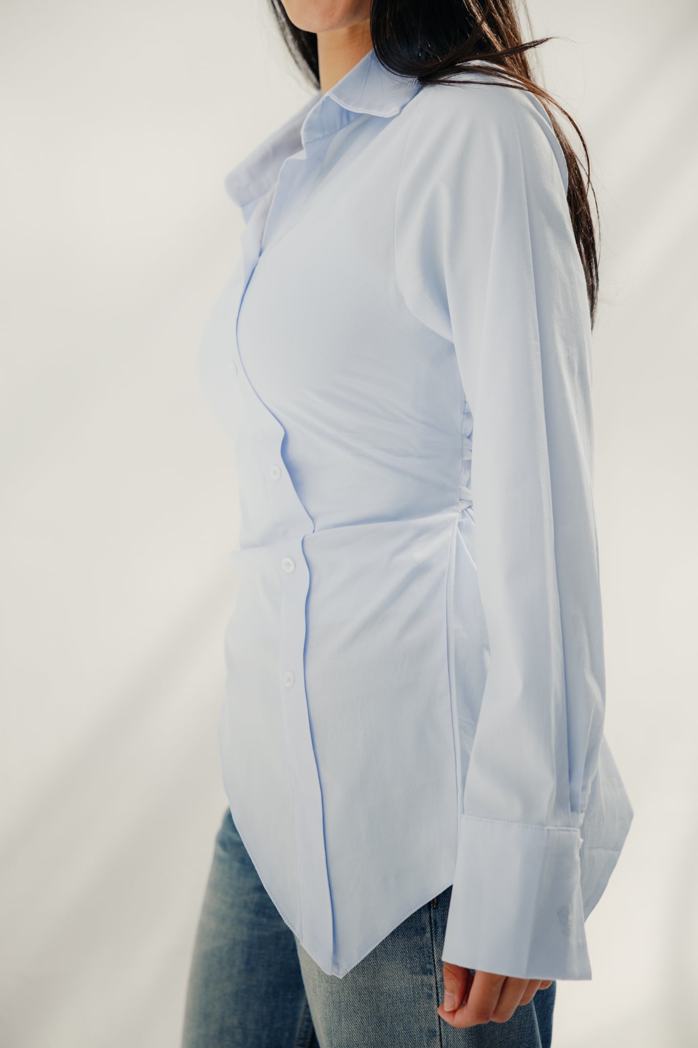 Asymmetric Ruched Button-Up Shirt Baby blue