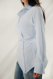 Asymmetric Ruched Button-Up Shirt Baby blue