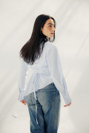 Asymmetric Ruched Button-Up Shirt Baby blue