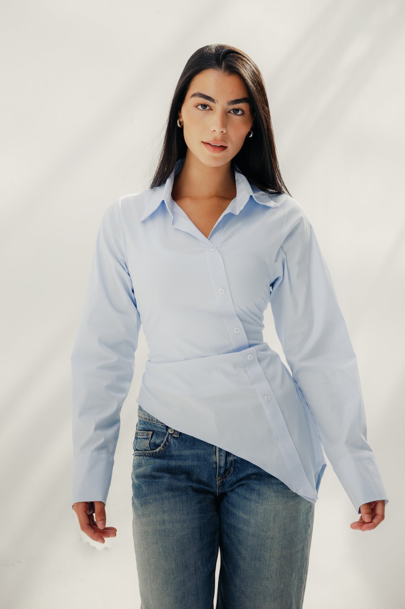 Asymmetric Ruched Button-Up Shirt Baby blue