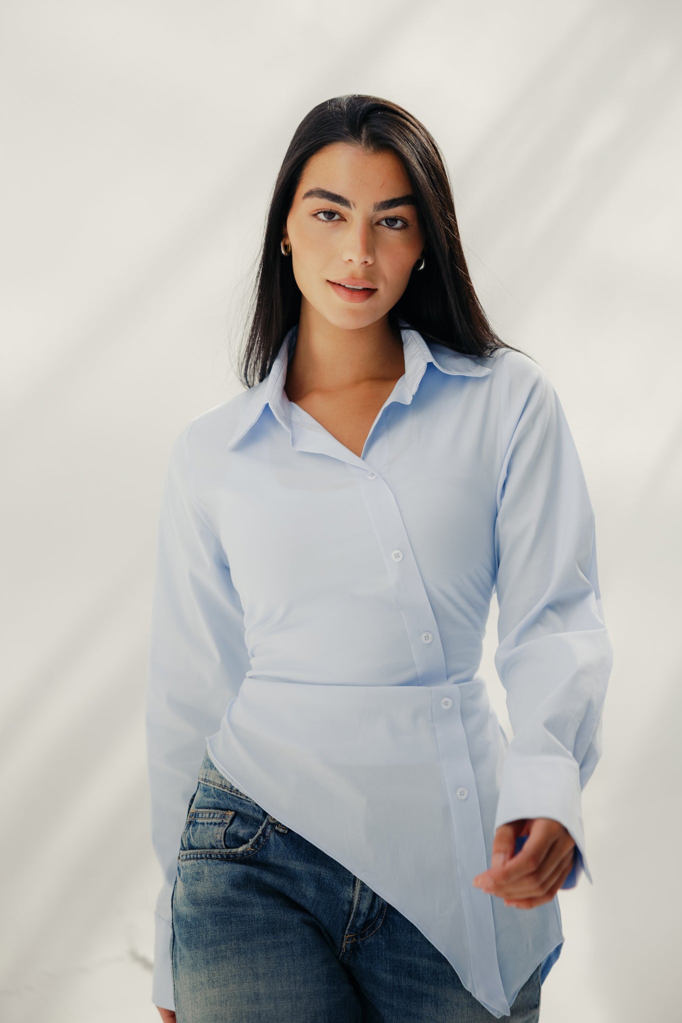 Asymmetric Ruched Button-Up Shirt Baby blue