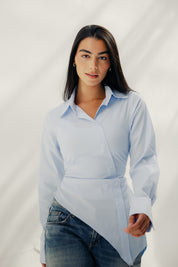 Asymmetric Ruched Button-Up Shirt Baby blue