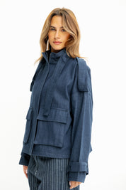 Back-Zip Denim Utility Jacket