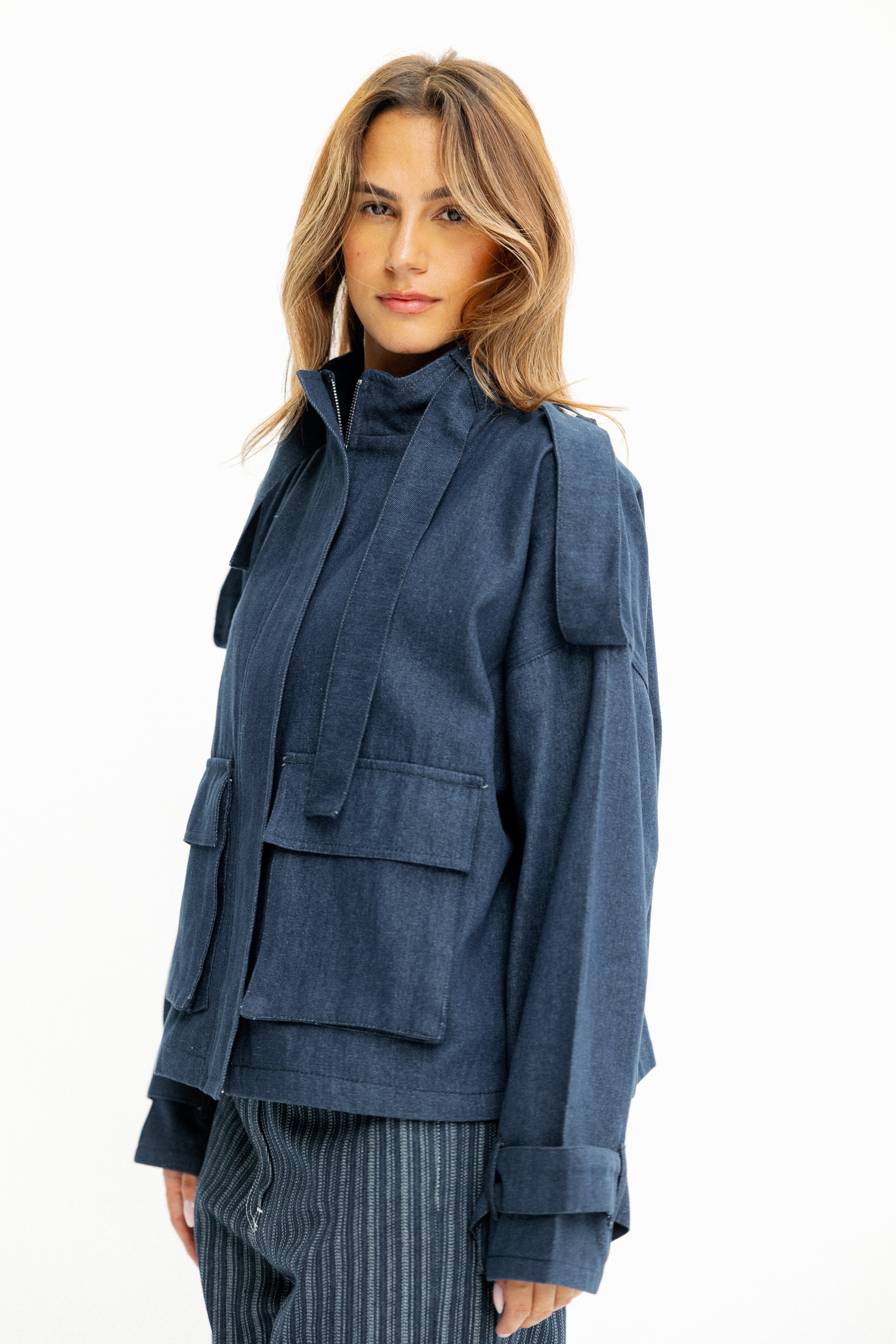 Back-Zip Denim Utility Jacket