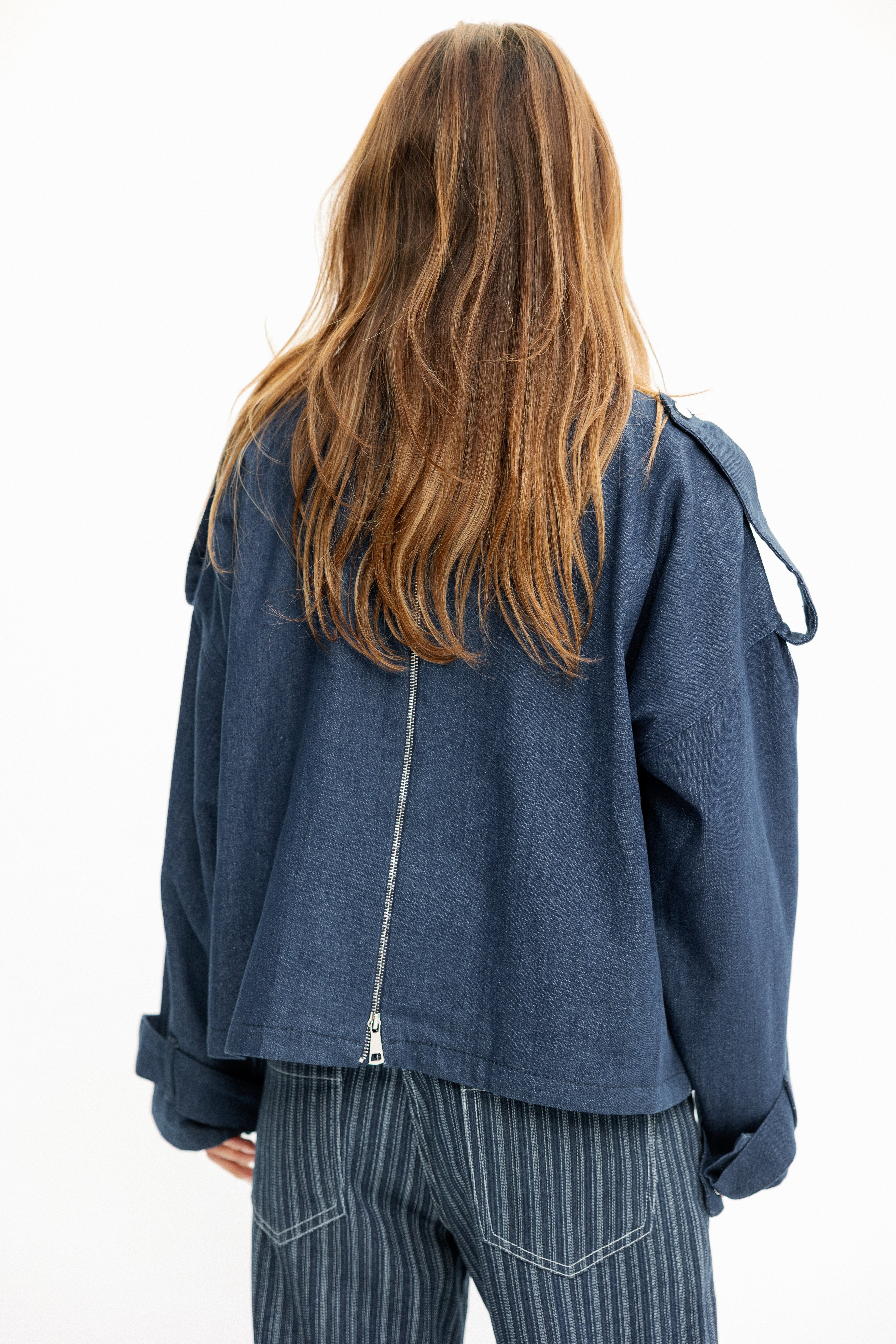 Back-Zip Denim Utility Jacket