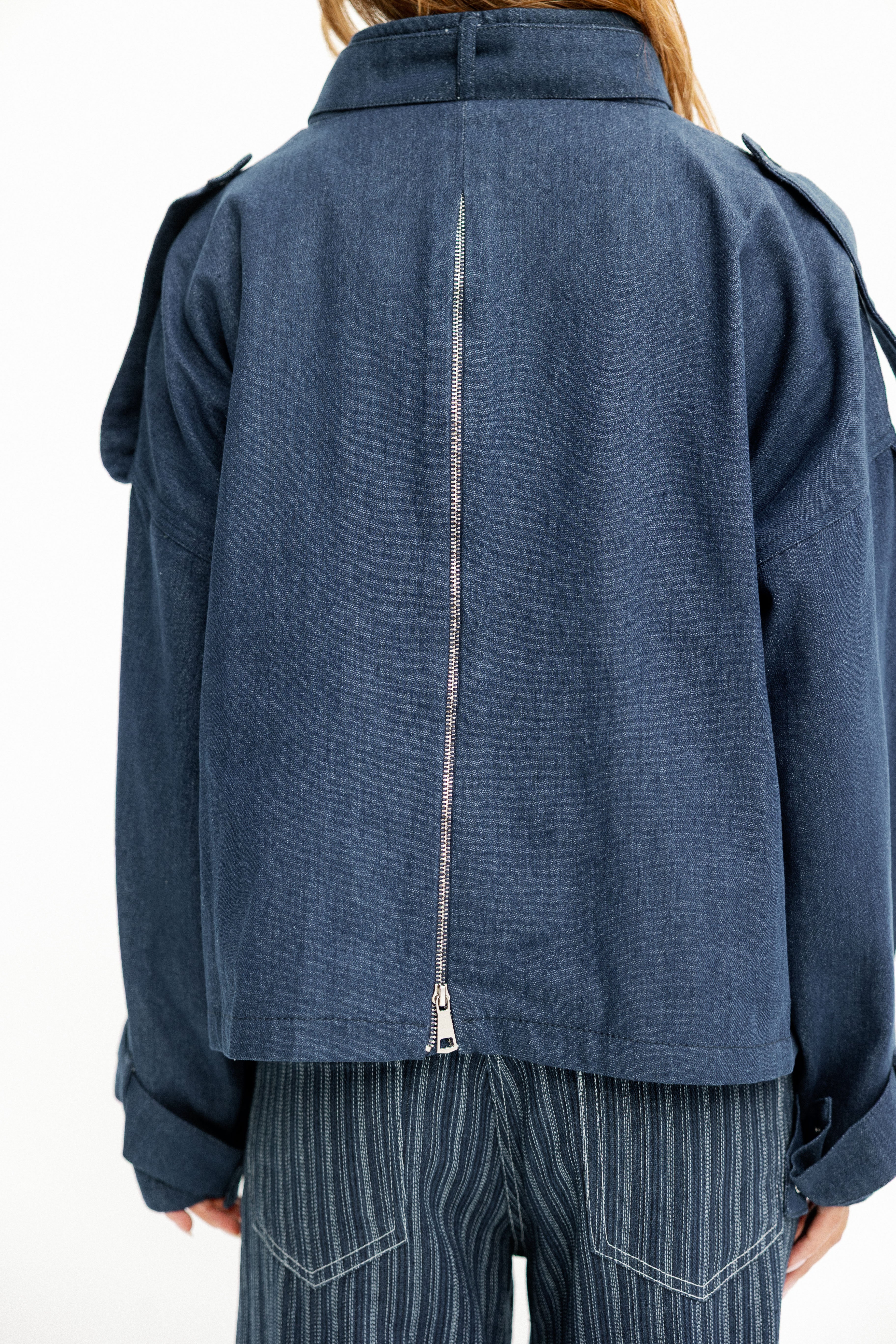 Back-Zip Denim Utility Jacket
